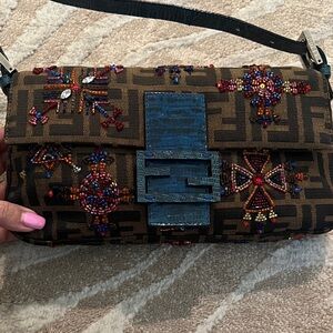 Authentic Fendi Baguette Embroidered Brown and Blue Women's Bag